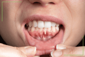 A close-up of a person's mouth showing gum recession on the lower front teeth